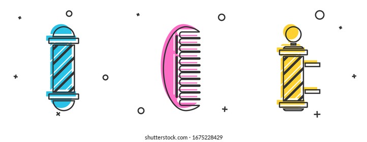 Set Classic Barber shop pole, Hairbrush and Classic Barber shop pole icon. Vector