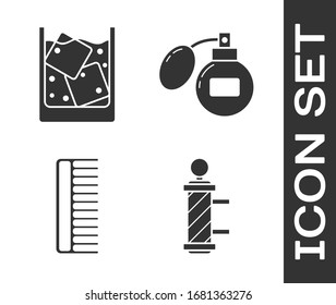 Set Classic Barber shop pole, Glass of whiskey and ice cubes, Hairbrush and Aftershave icon. Vector