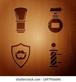 Set Classic Barber shop pole, Shaving brush, Mustache and beard on shield and Cream or lotion cosmetic tube on wooden background. Vector
