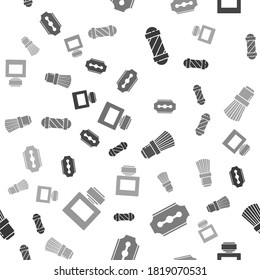 Set Classic Barber shop pole, Blade razor, Shaving brush and Aftershave on seamless pattern. Vector