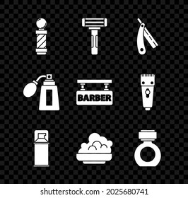 Set Classic Barber shop pole, Shaving razor, Straight, gel foam, Aftershave, bottle with atomizer and Barbershop icon. Vector
