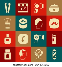 Set Classic Barber shop pole, Shaving gel foam, Barbershop, Hair dryer, Gel or wax for hair styling, brush, Curling iron and Hairstyle men icon. Vector