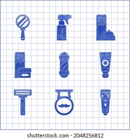 Set Classic Barber shop pole, Barbershop, Electrical hair clipper or shaver, Cream lotion cosmetic tube, Shaving razor, gel foam,  and Hand mirror icon. Vector