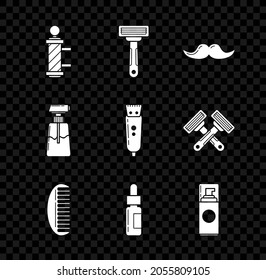 Set Classic Barber shop pole, Shaving razor, Mustache, Hairbrush, Glass bottle with pipette, gel foam, Cream lotion cosmetic tube and Electrical hair clipper shaver icon. Vector