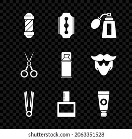 Set Classic Barber shop pole, Blade razor, Aftershave bottle with atomizer, Curling iron for hair, Cream lotion cosmetic tube, Scissors hairdresser and Shaving gel foam icon. Vector