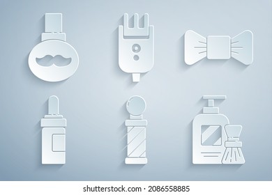 Set Classic Barber shop pole, Bow tie, Beard and mustaches care oil bottle, Shaving gel foam brush, Electrical hair clipper or shaver and  icon. Vector