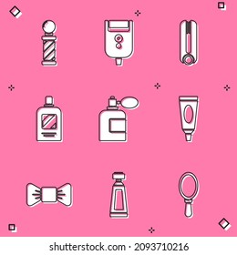 Set Classic Barber shop pole, Electric razor blade for men, Curling iron hair, Bottle of shampoo, Aftershave bottle with atomizer, Cream lotion cosmetic tube, Bow tie and  icon. Vector
