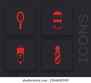 Set Classic Barber shop pole, Hand mirror, Shaving brush and Electric razor blade icon. Vector
