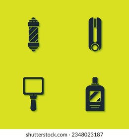 Set Classic Barber shop pole, Botella de champú, espejo de mano y hierro curling para el icono del cabello. Vector