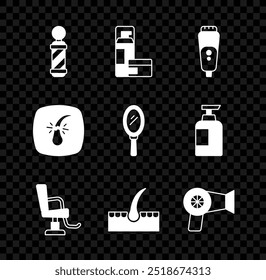 Set Classic Barber shop pole, Shaving gel foam, Electric razor blade, Barbershop chair, Human follicle, Hair dryer, Broken and Hand mirror icon. Vector