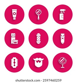 Set Classic Barber shop pole, Round makeup mirror, Electrical hair clipper shaver, Blade razor, Shaving gel foam, Hairdresser pistol spray bottle and Cream lotion cosmetic tube icon. Vector