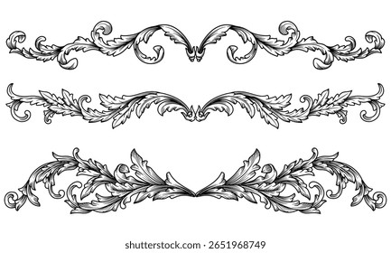 Definir a ilustração do vetor do ornamento da decoração barroca clássica. Crosta ou filigrana rolar heráldica, vitoriano damáscara moldura desenhada à mão gravura design. Renascimento, videira rococó ornamental