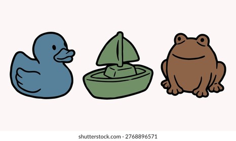 Set of classic bath toys including rubber duck toy boat and friendly frog character
