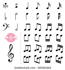 Set of classic black music notes with key