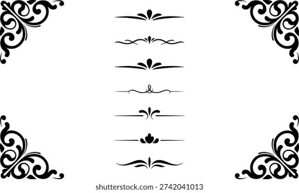 Set of classic black scrollwork corners and a variety of calligraphic line separators for elegant document or page design.