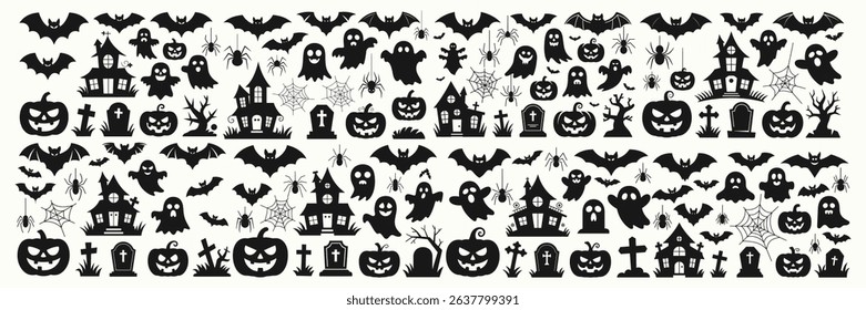 Set of Classic Black and White Halloween Motifs with Bats, house, Ghosts, and Pumpkins for Festive Decor	