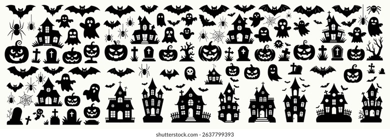 Set of Classic Black and White Halloween Motifs with Bats, house, Ghosts, and Pumpkins for Festive Decor	