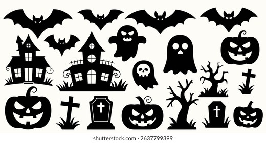 Set of Classic Black and White Halloween Motifs with Bats, house, Ghosts, and Pumpkins for Festive Decor	
