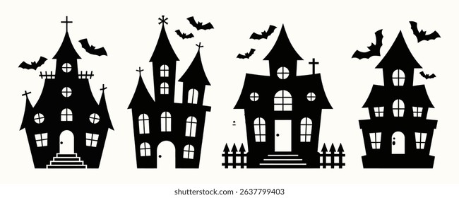 Set of Classic Black and White Halloween Motifs with Bats, house, Ghosts, and Pumpkins for Festive Decor	