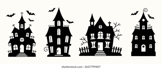Set of Classic Black and White Halloween Motifs with Bats, house, Ghosts, and Pumpkins for Festive Decor	