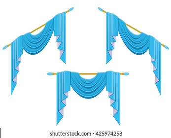 Set of classic blue turquoise curtains pelmet or lambrequin, hanging on round cornice,  isolated on white. Curtains, garland, festoon and de-jabot for the window or door decoration. Isometric vector.