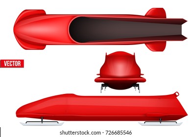 Set of Classic bobsleigh for four athletes. Top and front and side view. Sporting equipment for Bobsled race. Vector Illustration isolated on white background.