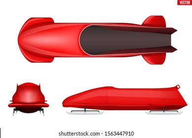 Set of Classic bobsleigh for two athletes. Top and front and side view. Sporting equipment for Double Bobsled race. Vector Illustration isolated on white background.