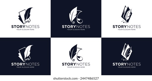 Satz von klassischen Buch-Story-Notizen Federtinte Logo Design Inspiration. Note und Feder Logo Design Kollektion.