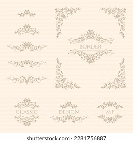 Set of classic border design with flowers. Decorative frame, monogram and title borders.