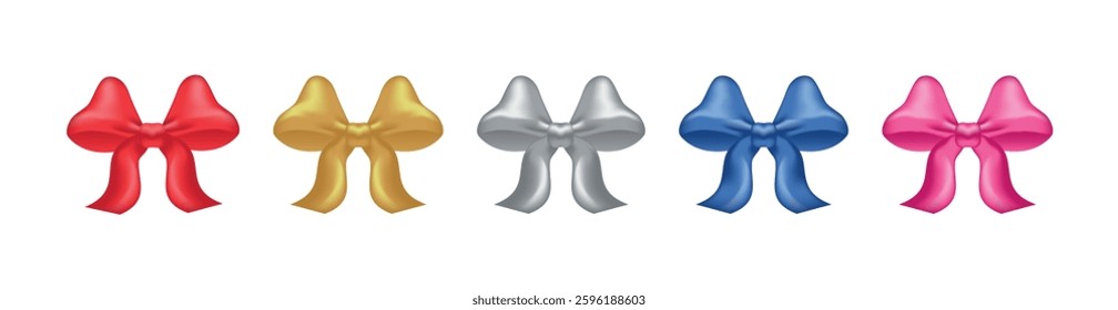 Set of classic bright satin, silk bows in red, gold, silver, blue, pink colors. Vector illustration. 