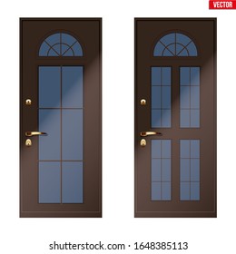 Set of Classic brown entrance doors with viewing window. Outdoor view. Wooden door. Presentation of models and frame installation. Vector Illustration isolated on white background.