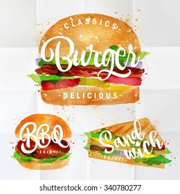 Set of classic burger, bbq and sandwich drawing with color paint on crumpled paper.