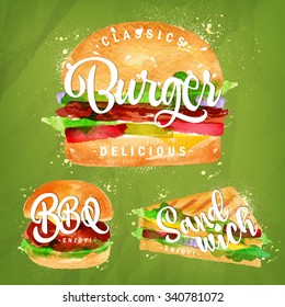 Set of classic burger, bbq and sandwich drawing with color paint on green background.