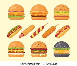Set of classic burgers with flying ingredients and hotdogs. Vector hamburger and hot dog icons. Fastfood set.