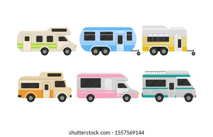 Set Of Classic Camper Vans And Trailers Vector Illustration