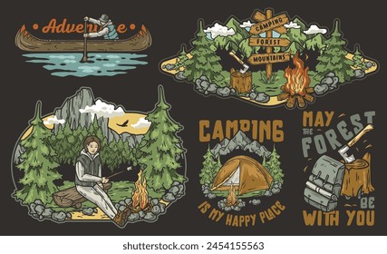 Set of classic camping badges featuring outdoor activities, nature elements and inspirational phrases. Sticker pack travel or nature hiking and camp. T-shirt print.