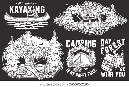 Set of classic camping badges featuring outdoor activities, nature elements and inspirational phrases. Sticker pack travel or nature hiking and camp. T-shirt print.