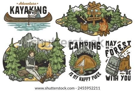 Set of classic camping badges featuring outdoor activities, nature elements and inspirational phrases. Sticker pack travel or nature hiking and camp. T-shirt print.