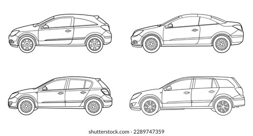 Set of classic car body types. Different four body shot - coupe, station wagon, hatchback and convertible. Side view. Outline doodle vector illustration