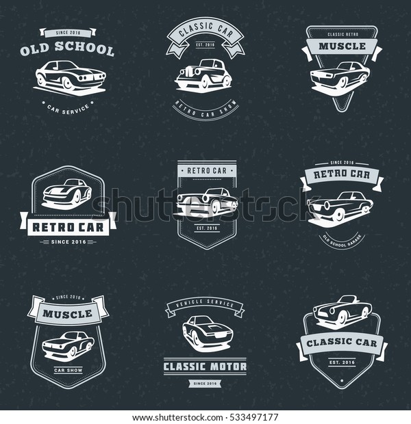 Set of classic car logo, emblems, badges.\
Service car repair, car restoration and car club design elements.\
Vector illustration