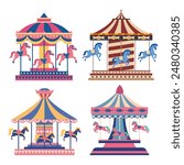 Set of classic carousel horse on carnival ride cartoon illustration collection. Merry go round for carnival night festival circus or Amusement park carousel isolated on white background.