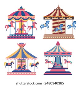 Set of classic carousel horse on carnival ride cartoon illustration collection. Merry go round for carnival night festival circus or Amusement park carousel isolated on white background.