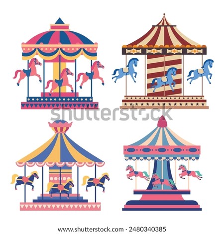 Set of classic carousel horse on carnival ride cartoon illustration collection. Merry go round for carnival night festival circus or Amusement park carousel isolated on white background.