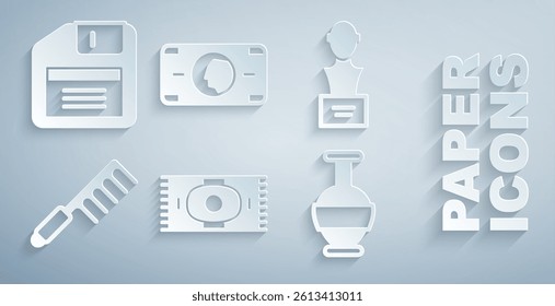 Set Classic carpet, Gypsum head sculpture bust, Hairbrush, Ancient amphorae, Stacks paper money cash and Floppy disk icon. Vector