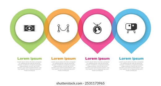 Definir tapete clássico, barreira de corda, caixão no colar e suporte de mesa de TV. Modelo de infográfico comercial. Vetor
