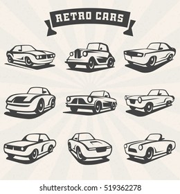 Set of classic cars silhouettes. Retro cars design logo elements. Vector illustration