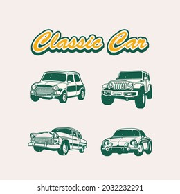 set classic cars vintage style illustration