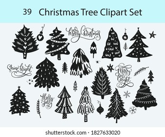 Set of Classic Christmas Trees and Merry Christmas lettering quote collecton in symple style. 39 designs in one file. Winter icon graphic elements.