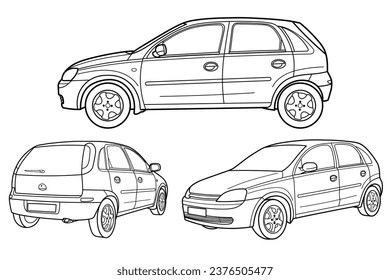 Set of classic city hatchback car. Different five view shot - front, rear, side and 3d. Outline doodle vector illustration