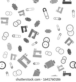 Set Classic closed steel safety pin, Sewing thread on spool, Sewing button for clothes and Sewing machine on seamless pattern. Vector